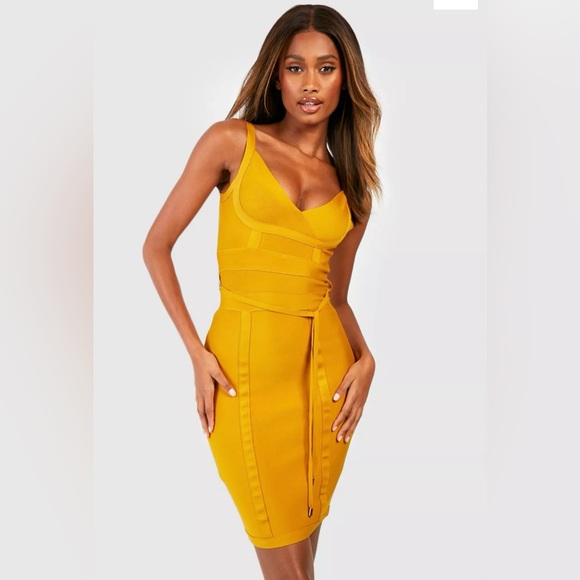 Boohoo Bandage Tie Detail Mini Dress (Mustard) - Picture 1 of 7